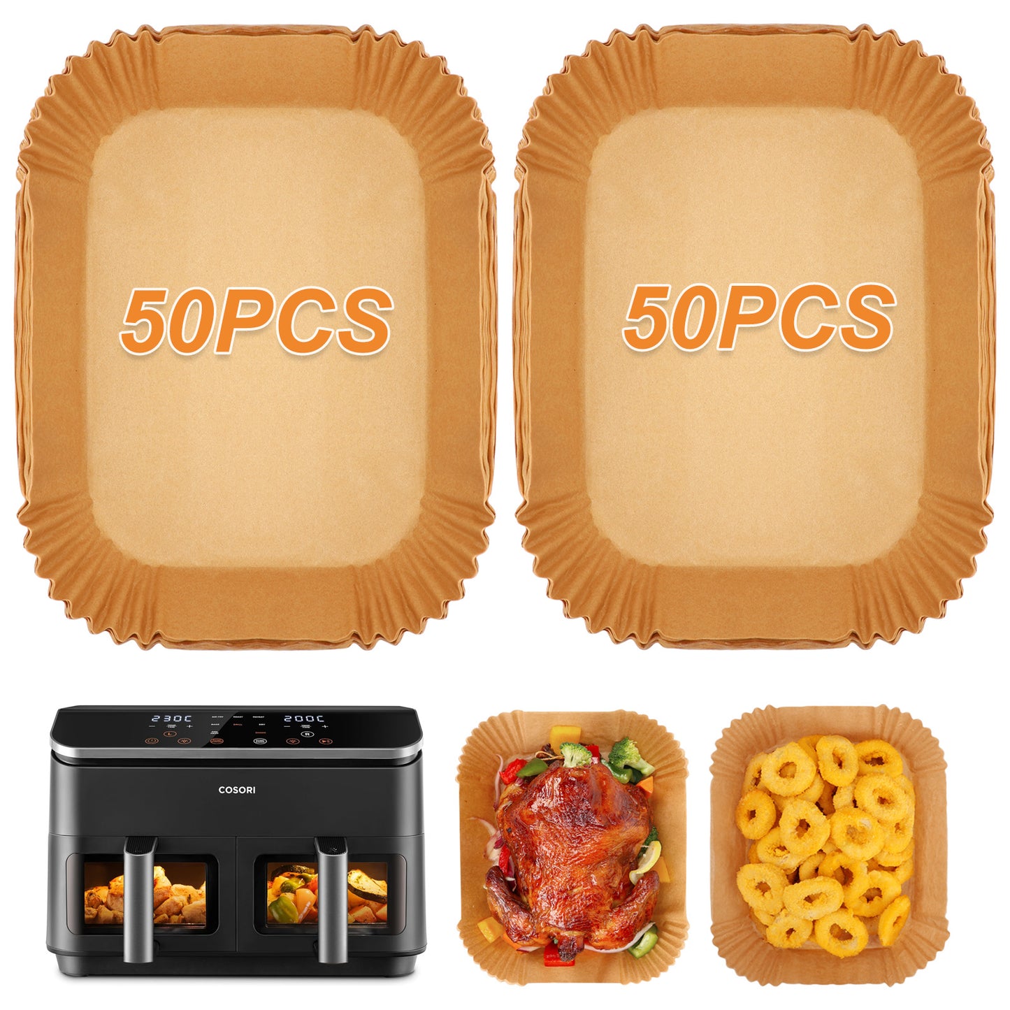 BYKITCHEN Air Fryer Liners for COSORI Dual Air Fryer 8.5L, 100Pcs Air Fryer Accessories for Ninja Flex Drawer AF500UK, Compatible for Cuisinart XXL10.4L Air Fryer/Russell Hobbs Dual Air Fryer 9L