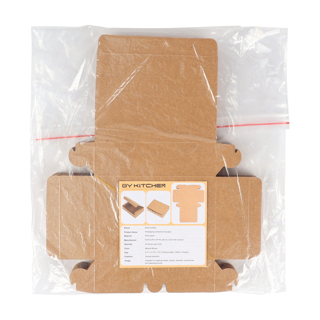 BYKITCHEN 50PCS Kraft Paper Food Containers,Take Out Boxes, Grease-Resistant, Natural Brown Disposable Paper Lunch Boxes for Meals, Snacks, Sandwiches, Desserts, To-Go Food