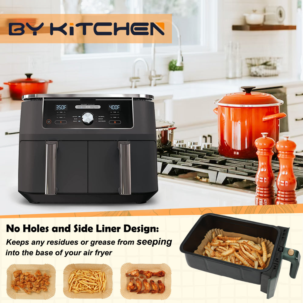 BYKITCHEN 150 PCS Air Fryer Liners for Ninja Dual, Air Fryer Accessories for AF300UK/AF400UK, Rectangle Parchment Paper for Ninja Foodi,Tower, Salter and Other 7.6L to 9.5L Dual Zone Air Fryer