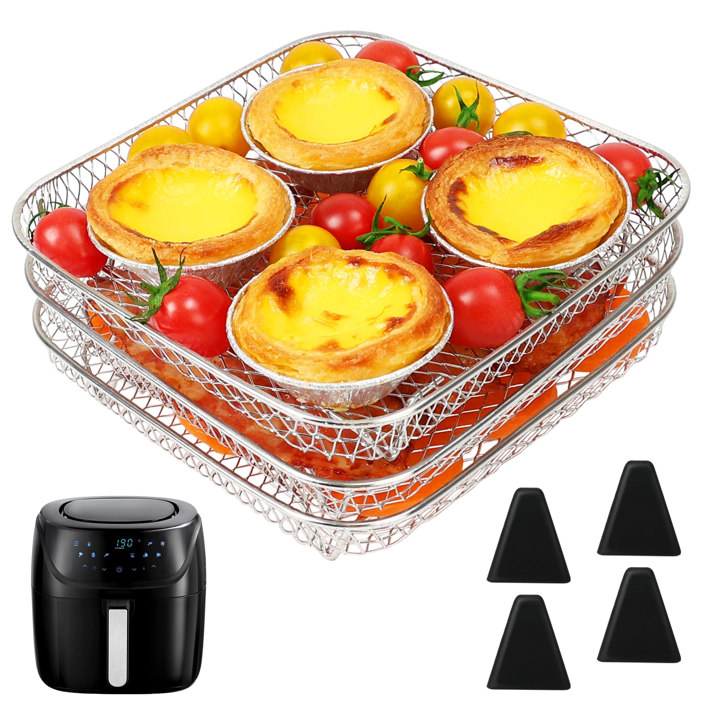 BYKITCHEN 7 Inch Air Fryer Rack Fit for Ninja Crispi/Ninja Pro 5QT/ Cosori 5QT/ Chefman 5-6QT Airfryer &More, Air Fryer Accessories, 3pcs Stackable Stainless Steel Airfryer Basket with Silicon Feet