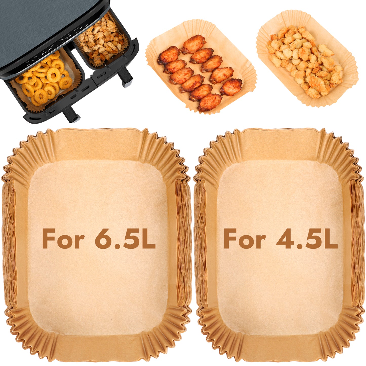 BYKITCHEN Air Fryer Liners for Tefal XXL Dual Easy Fry 11L Air Fryer, Disposable Paper Liners, Air Fryer Accessories for Tefal 6.5L & 4.5L 2 Drawer Basket Air Fryer (100PCS)