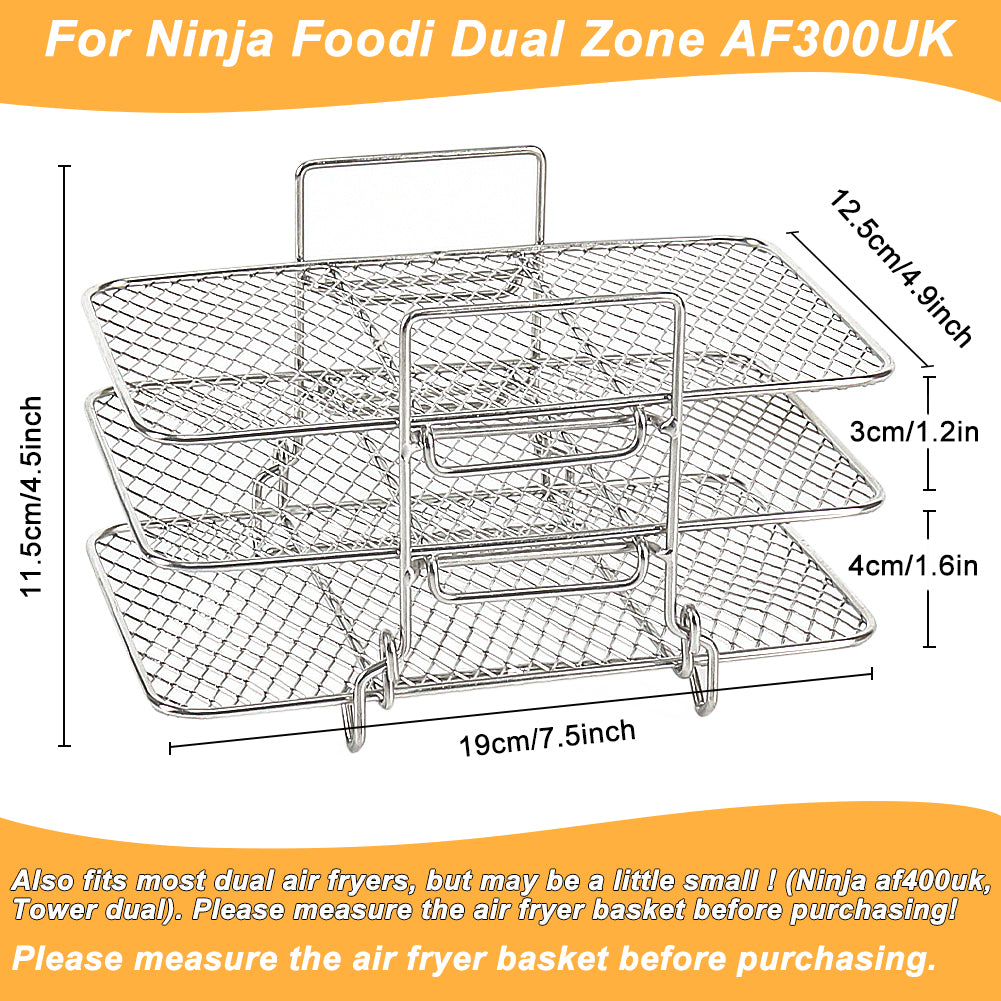 BYKITCHEN Air Fryer Racks for Ninja Dual, Three Layer Stainless Steel Cooking Rack, Air Fryer AF300UK AF400UK Accessories, Grilling Rack for Ninja/Salter/Tower/EMtronics Double Drawer Fryer