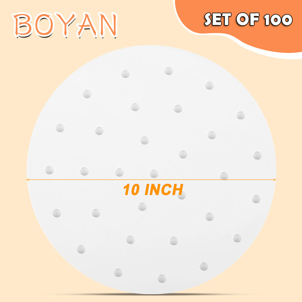 Air Fryer Parchment Paper, Set of 100, 10 inch Air Fryer Liner/Bamboo Steamer Liners/Perforated Parchment Paper for Air Fryer, Steaming Basket and More