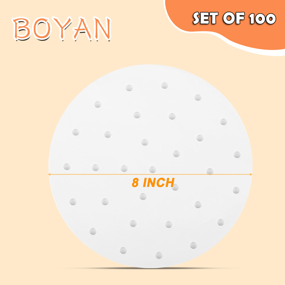 Air Fryer Perforated Parchment Paper, Set of 100, 8 inch Air Fryer Liner/Bamboo Steamer Paper/Perforated Parchment Paper for Air Fryer, Steaming Basket and More (6/7/9/10 Inch Available)