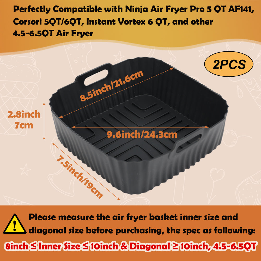 BYKITCHEN Air Fryer Silicone Liners for Ninja Air Fryer Pro 5 QT AF141, Ninja AG301, Cosori 5QT/6QT & Other 4.5-6.5 QT Airfryer, 8.5in Square Air Fry Liners, Airfryer Accessories(Set of 2)