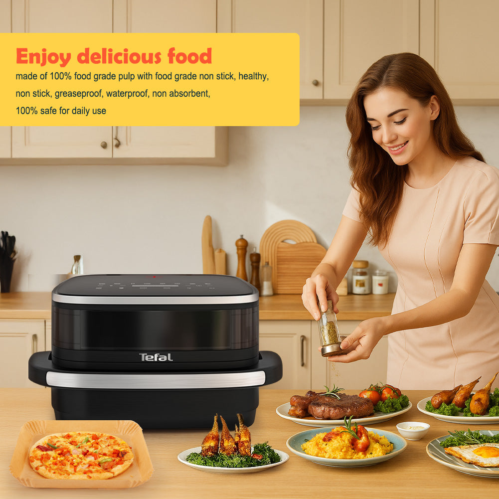 BYKITCHEN 100PCS Air Fryer Liners for Tefal Easy Fry Pizza Air Fryer 10 Inch, 25.5cm Large Disposable Airfryer Liners Square, Parchment Paper Accessories for Fryers with Pizza Drawer & Oven