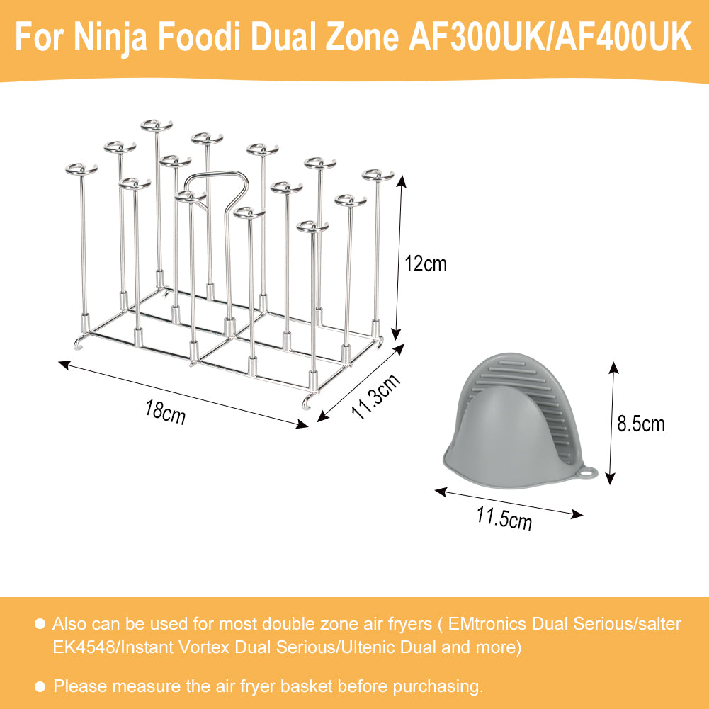 BYKITCHEN Skewer Stand for Ninja Dual Air Fryer, Stainless Steel Kebab Rack, Accessories for Ninja AF300UK/AF400UK/AF451UK/AF500UK,Also Compatible with Salter/Instant/EMtronics 9L Double Drawer Fryer