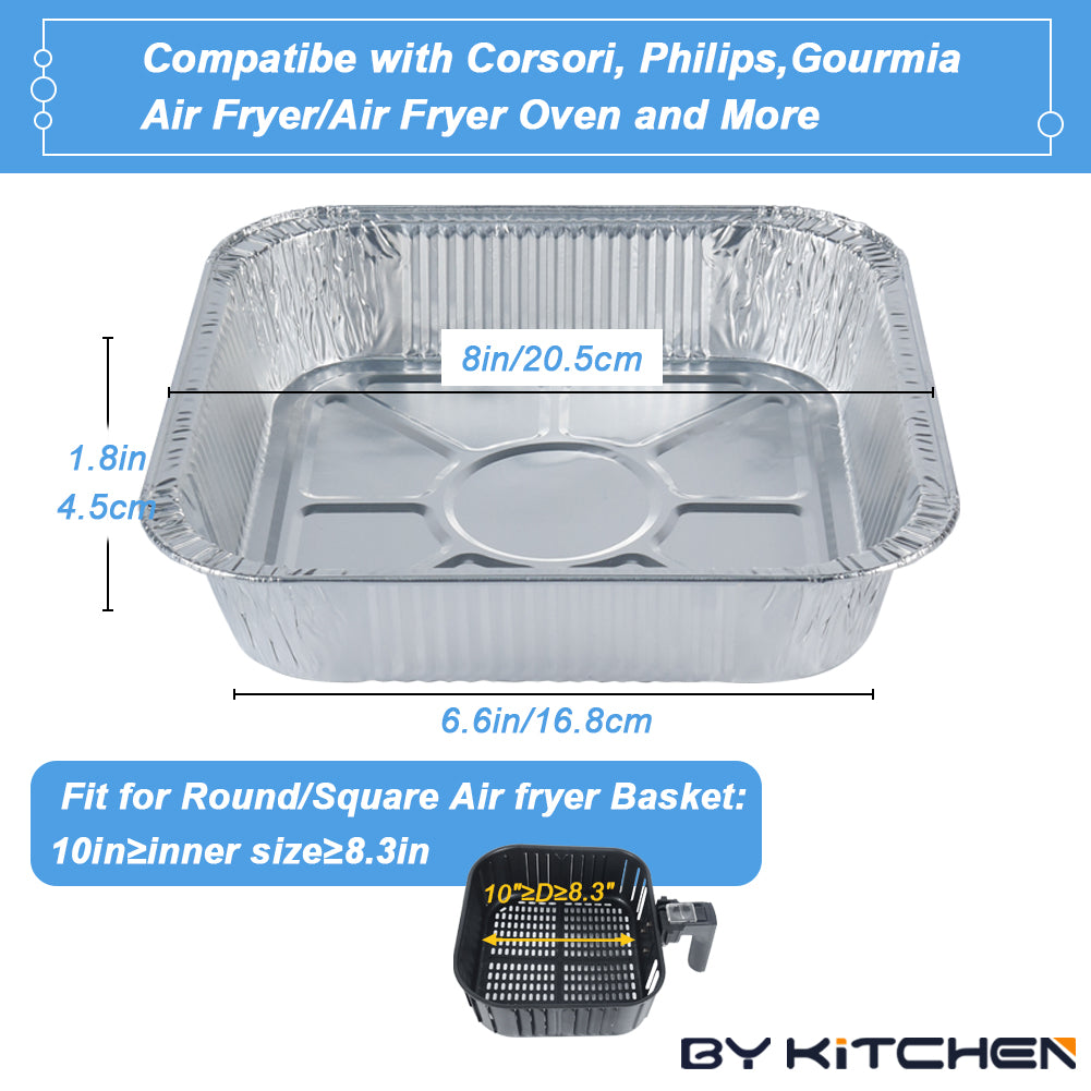 BYKITCHEN Air Fryer Aluminum Foil Food Containers, 8 Inch Square Air fryer liners, 30 Pack, Air Fryer Accessories for COSORI, Ninja, Tower Baking/Cooking/Roasting