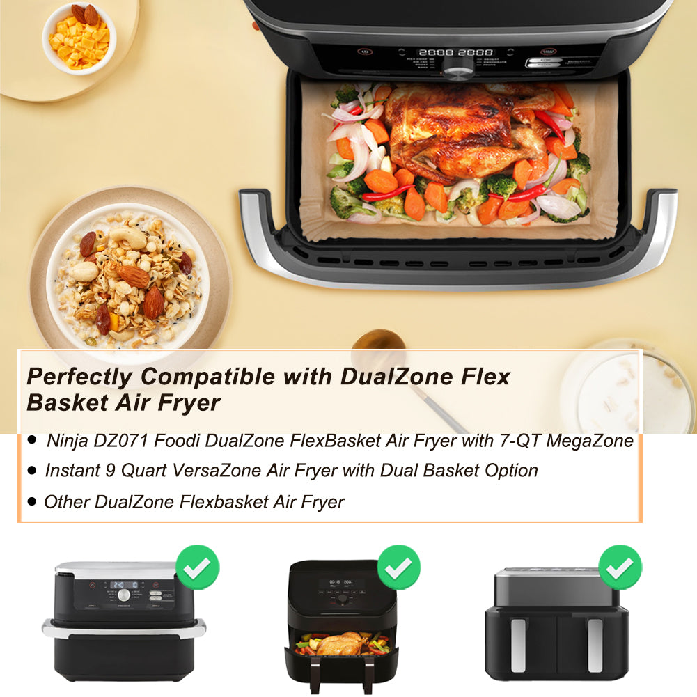 BYKITCHEN Air Fryer Liners Compatible with Ninja Foodi DZ071 7-QT/ 11-QT/Topzee 11-QT/Instant 9 QT DualZone FlexBasket Air Fryer, 100pcs Small Airfryer Dual Liners & 50pcs Large Papers for Megazone