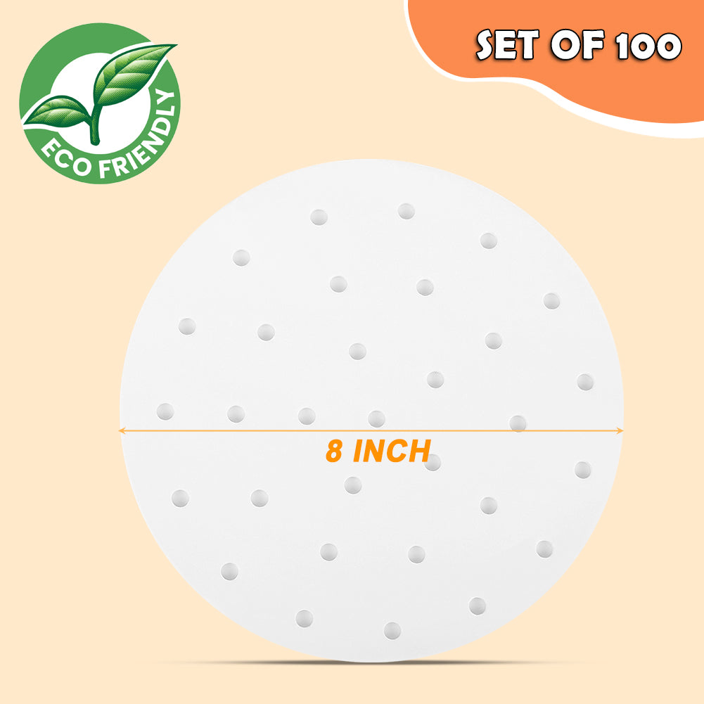 8 Inch Air Fryer Liners, Set of 100, 7/7.5/8.5/9/10inch Air Fryer Paper Available, Perforated Parchment Paper for Air Fryer, Steaming Basket and More