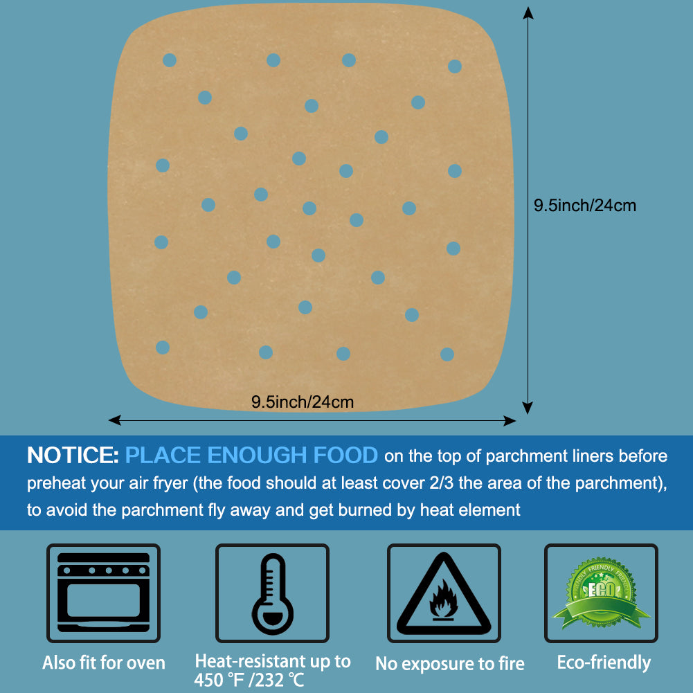Air Fryer Parchment Paper, Set of 200, 8.5 Inch Unbleached Perforated Square Air Fryer Liner Sheets for Airfryer, Steaming Basket and More(7.5/8.5/9.5in Available)