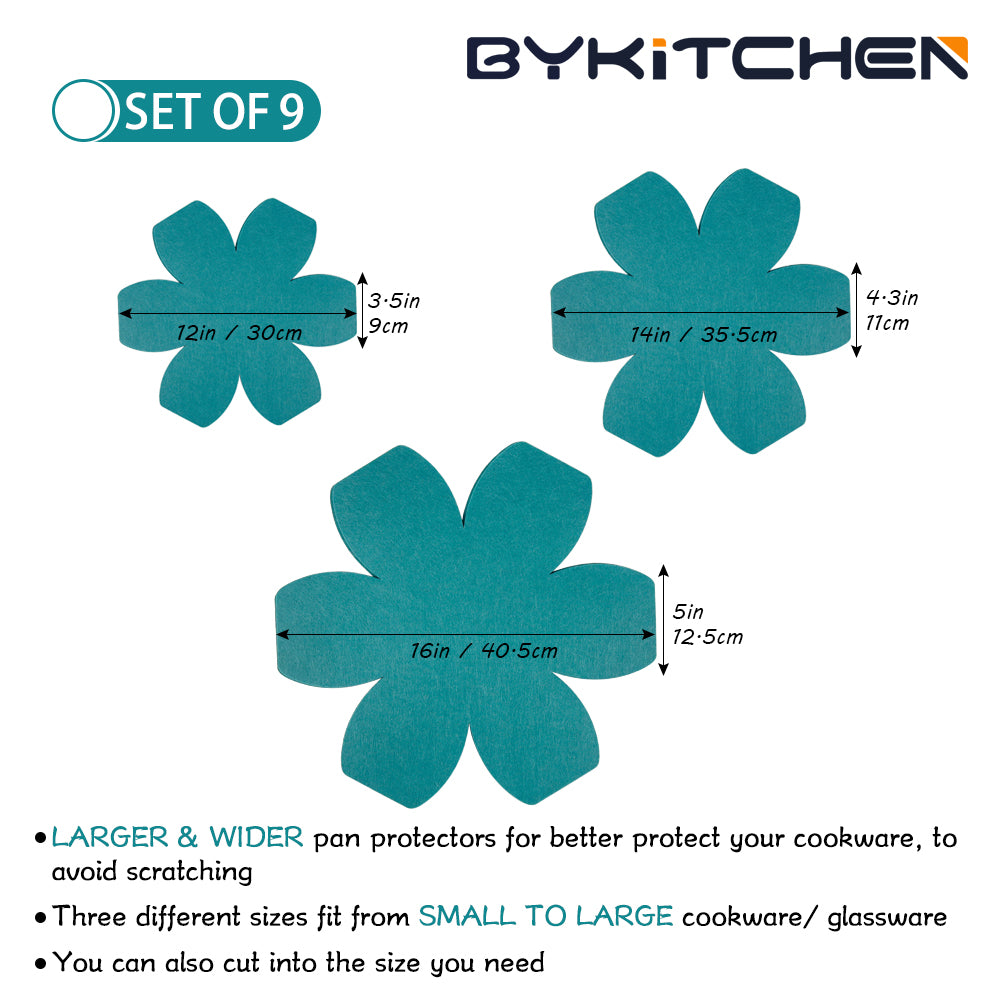 BYKITCHEN Stacking Pan Protectors, Larger & Thicker Felt Pan Separators Pads, Set of 9 and 3 Different Sizes, Pot Protectors for Storing and Protecting Your Cookware