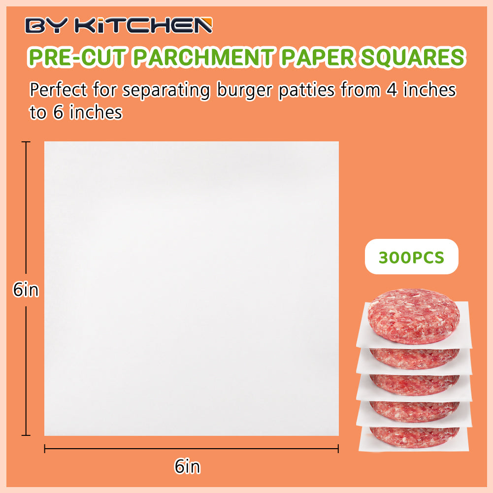 BYKITCHEN Parchment Paper Squares, Set of 300, 6 x 6 Inch Hamburger Patty Paper, Non Stick Patty Paper for Smash Burger Press, Burger Patty Maker, Separating Freezing & More