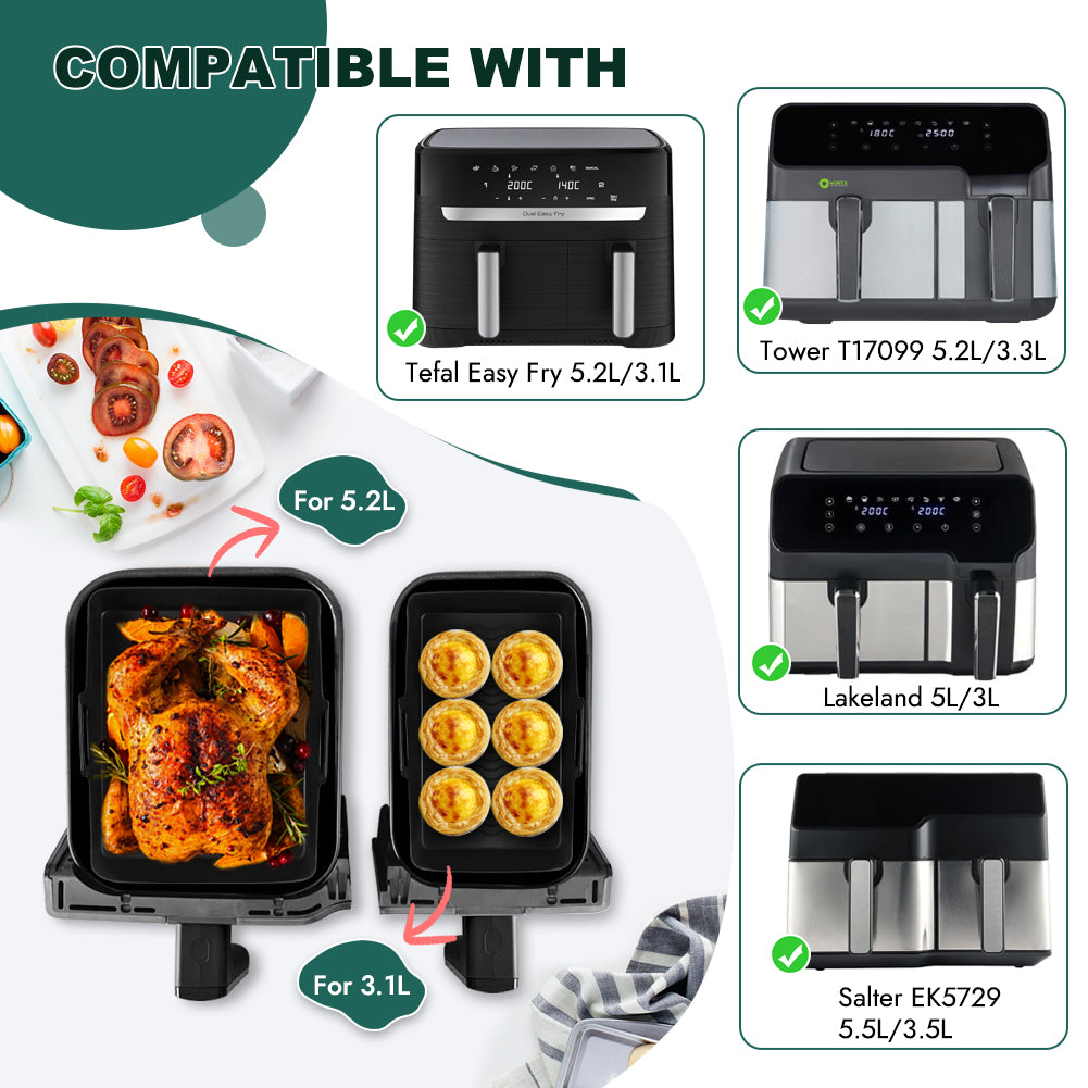 BYKITCHEN Air Fryer Silicone Liner for Tefal 5.2L & 3.1L Dual, Tower T17099 5.2L/3.3L, Lakeland 5L/3L, Salter 5.5L/3.5L, Air Fryer Accessories for 2 Drawer Basket