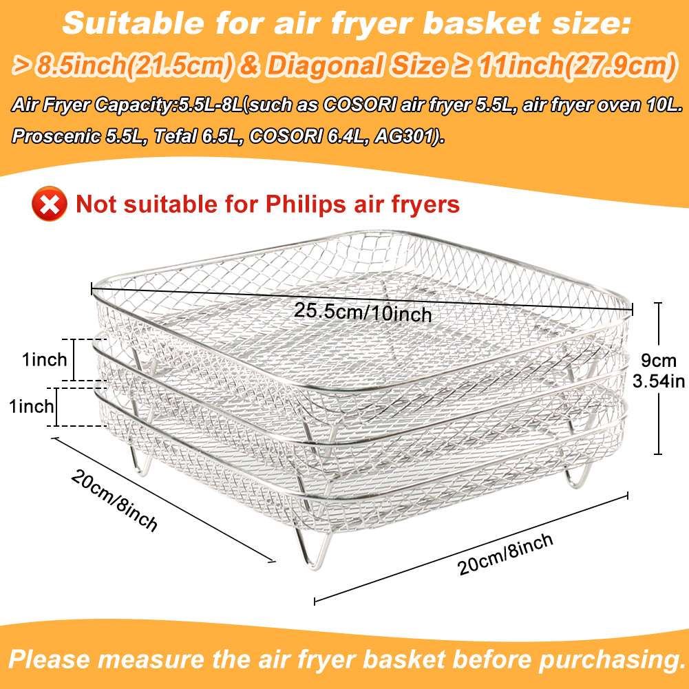 BYKITCHEN Air Fryer Racks, Square Three Layers Stacking 304 Stainless Steel Rack, Air Fryer Basket Tray, Air Fryer Accessories, Grilling Rack, Cooking Rack for Instant, Cosori Air Fryer