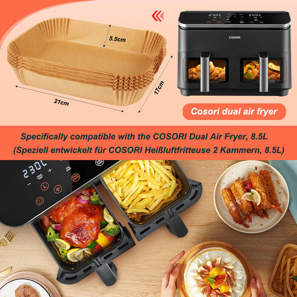 BYKITCHEN Air Fryer Liners for COSORI Dual Air Fryer 8.5L, 100Pcs Air Fryer Accessories for Ninja Flex Drawer AF500UK, Compatible for Cuisinart XXL10.4L Air Fryer/Russell Hobbs Dual Air Fryer 9L