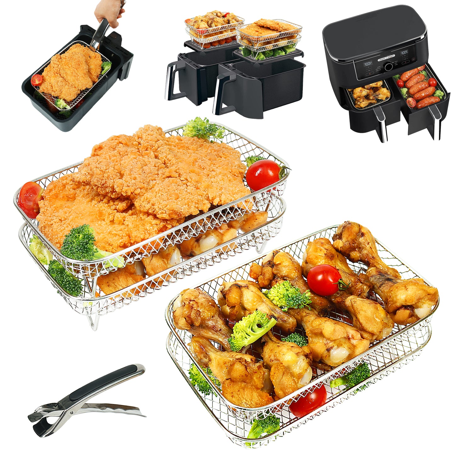 BYKITCHEN Large 4 Layers Air Fryer Racks, 304 Stainless Steel Rack with Clip, Air Fryer Accessories for Ninja Dual AF400UK/AF451UK 9.5L/Tower/Instant Vortex/EMtronics Double Drawer Fryers