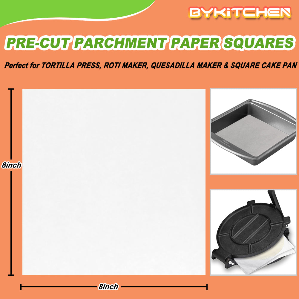 BYKITCHEN Tortilla Press Liners, 8x8 Inch Non Stick Parchment Paper Squares for Baking Pan, Compatible with Victori Tortilla Press, Roti Maker, Quesadilla Maker & Other 7-8 inch Tortilla Press(100pcs)