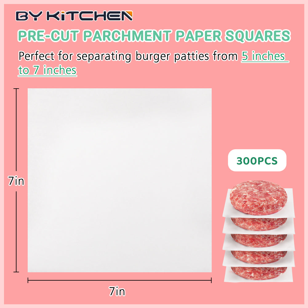 BYKITCHEN Parchment Paper Squares for Burger Press, Set of 300, 7 x 7 Inch Hamburger Patty Paper, Non Stick Patty Paper for Smash Burger Press, Burger Patty Maker, Separating Freezing Burgers & More