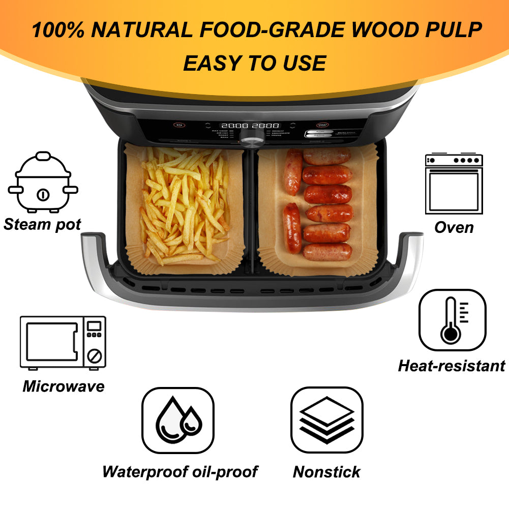 BYKITCHEN Air Fryer Liners Compatible with Ninja Foodi DZ071 7-QT/ 11-QT/Topzee 11-QT/Instant 9 QT DualZone FlexBasket Air Fryer, 100pcs Small Airfryer Dual Liners & 50pcs Large Papers for Megazone