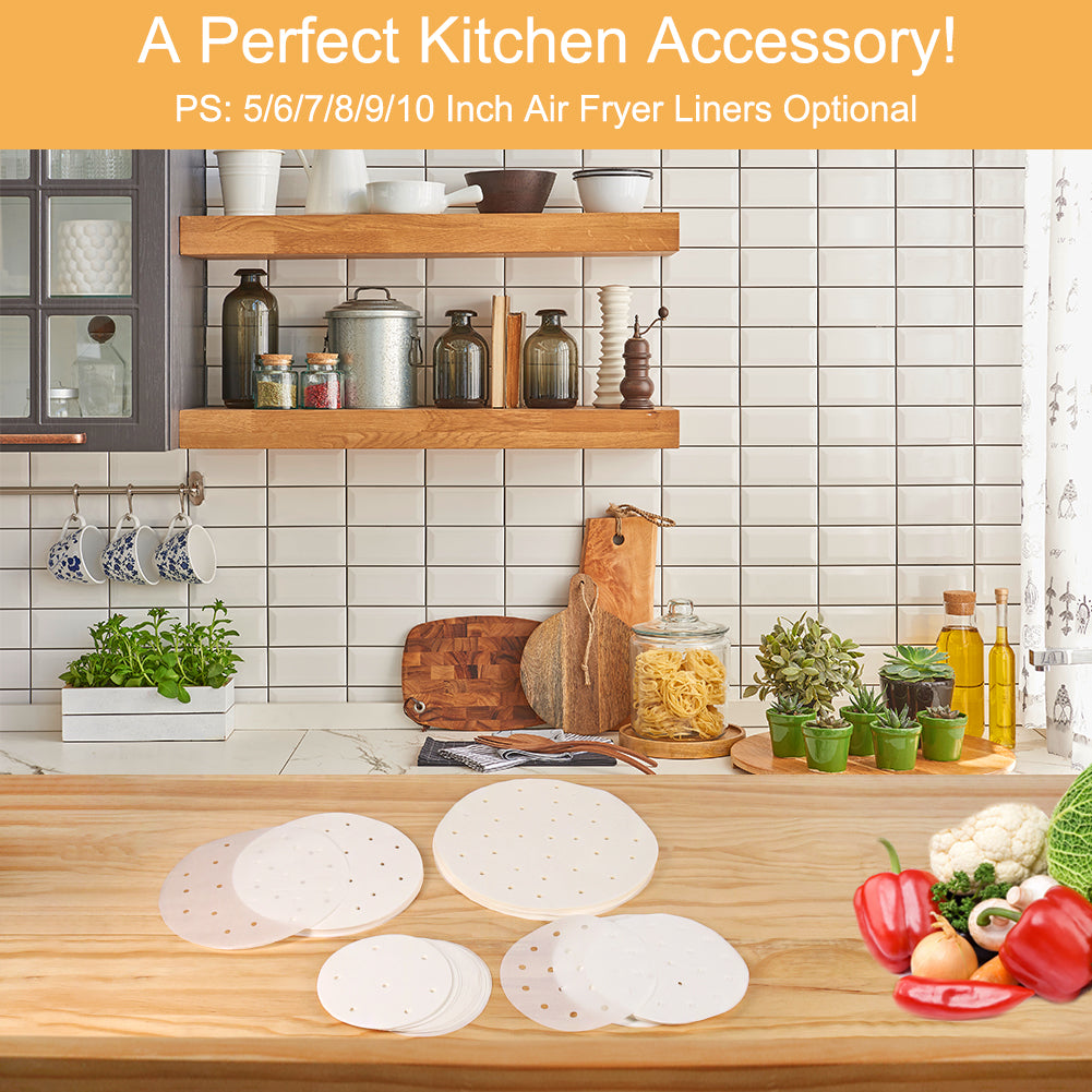 Air Fryer Parchment Paper, Set of 100, 6 inch Air Fryer Liner/Bamboo Steamer Paper/Perforated Parchment Paper for Air Fryer, Steaming Basket and More (7/8/9/10 Inch Available)