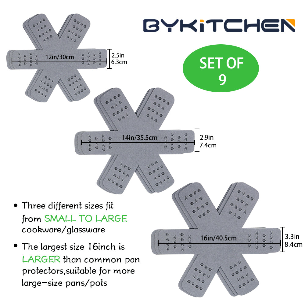 BYKITCHEN Pan Protectors with Stars, Larger & Thicker Pan Separators Protectors, Set of 9 and 3 Different Sizes, Pot Protectors for Stacking and Protecting Your Cookware