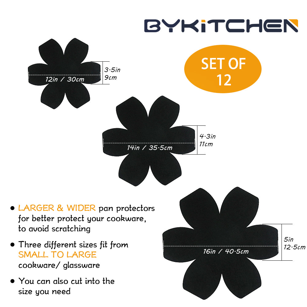 BYKITCHEN Larger & Thicker Pan Protectors, Set of 12 and 3 Different Sizes, Felt Pot Pan Separators, Pan Dividers Pads for Stacking and Protecting Your Cookware