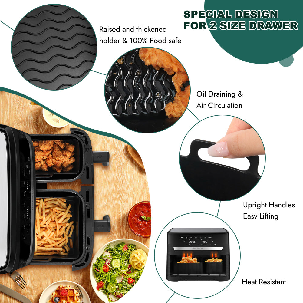 BYKITCHEN Air Fryer Silicone Liner for Tefal 5.2L & 3.1L Dual, Tower T17099 5.2L/3.3L, Lakeland 5L/3L, Salter 5.5L/3.5L, Air Fryer Accessories for 2 Drawer Basket
