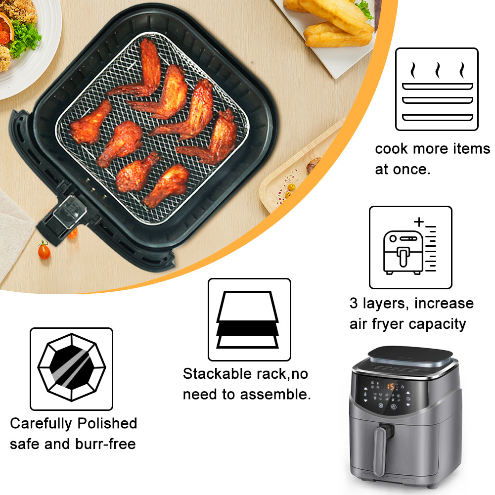 BYKITCHEN Air Fryer Racks, Square Three Layers Stacking 304 Stainless Steel Rack, Air Fryer Basket Tray, Air Fryer Accessories, Grilling Rack, Cooking Rack for Instant, Cosori Air Fryer