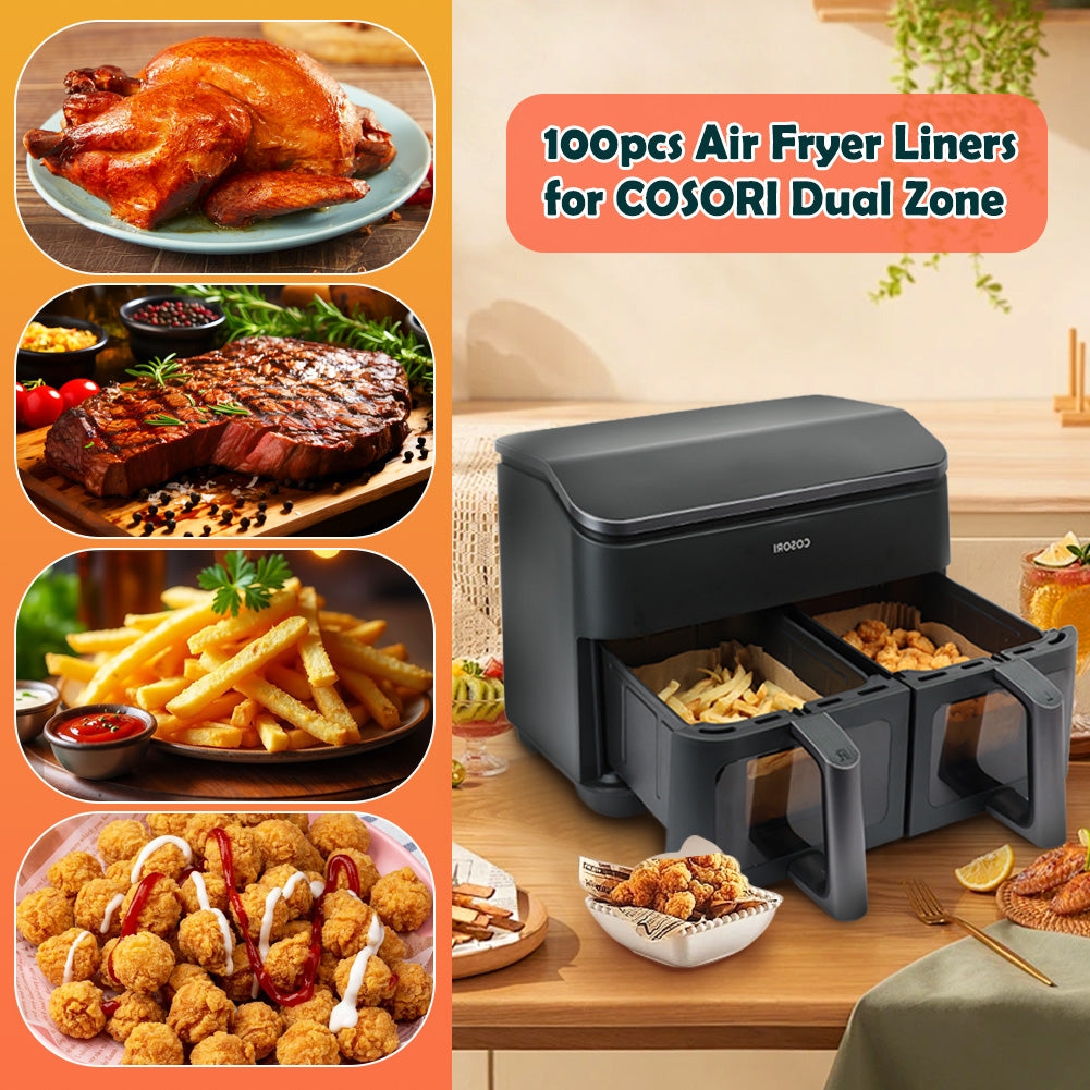 BYKITCHEN Air Fryer Liners for COSORI Dual Air Fryer 8.5L, 100Pcs Air Fryer Accessories for Ninja Flex Drawer AF500UK, Compatible for Cuisinart XXL10.4L Air Fryer/Russell Hobbs Dual Air Fryer 9L