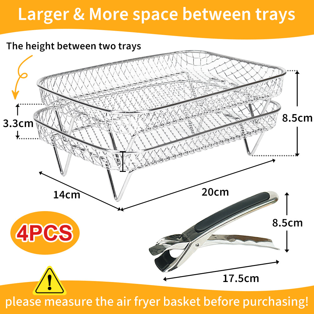 BYKITCHEN Large 4 Layers Air Fryer Racks, 304 Stainless Steel Rack with Clip, Air Fryer Accessories for Ninja Dual AF400UK/AF451UK 9.5L/Tower/Instant Vortex/EMtronics Double Drawer Fryers
