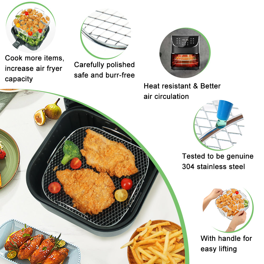 BYKITCHEN Air Fryer Racks, Square 304 Stainless Steel Air Fryer Basket, Air Fryer Grill/Shelf Rack, Air Fryer Accessories for Instant Vortex, Cosori, Tower, Gourmia Air Fryer & Oven
