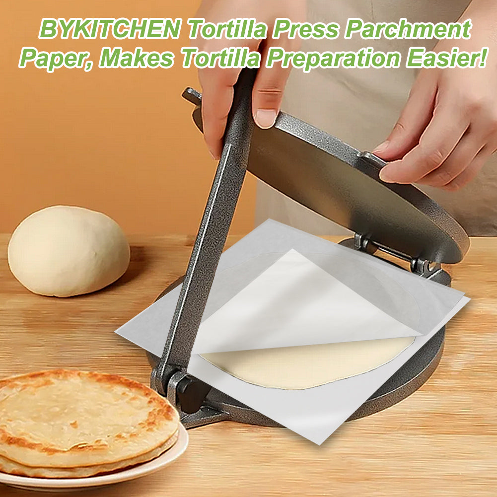 BYKITCHEN Tortilla Press Liners, 8x8 Inch Non Stick Parchment Paper Squares for Baking Pan, Compatible with Victori Tortilla Press, Roti Maker, Quesadilla Maker & Other 7-8 inch Tortilla Press(100pcs)