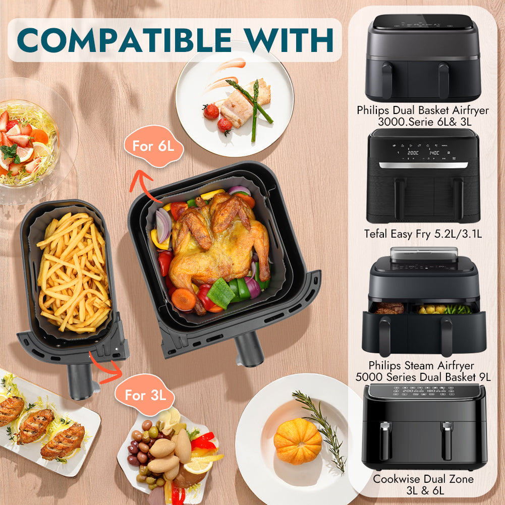 BYKITCHEN Silicone Air Fryer Liners for Phillips, 2PCS Air Fryer Accessories for Philips Dual Basket 3000 Series 9L (3L & 6L) / Tefal/Cookwise 2 Drawer Airfryer