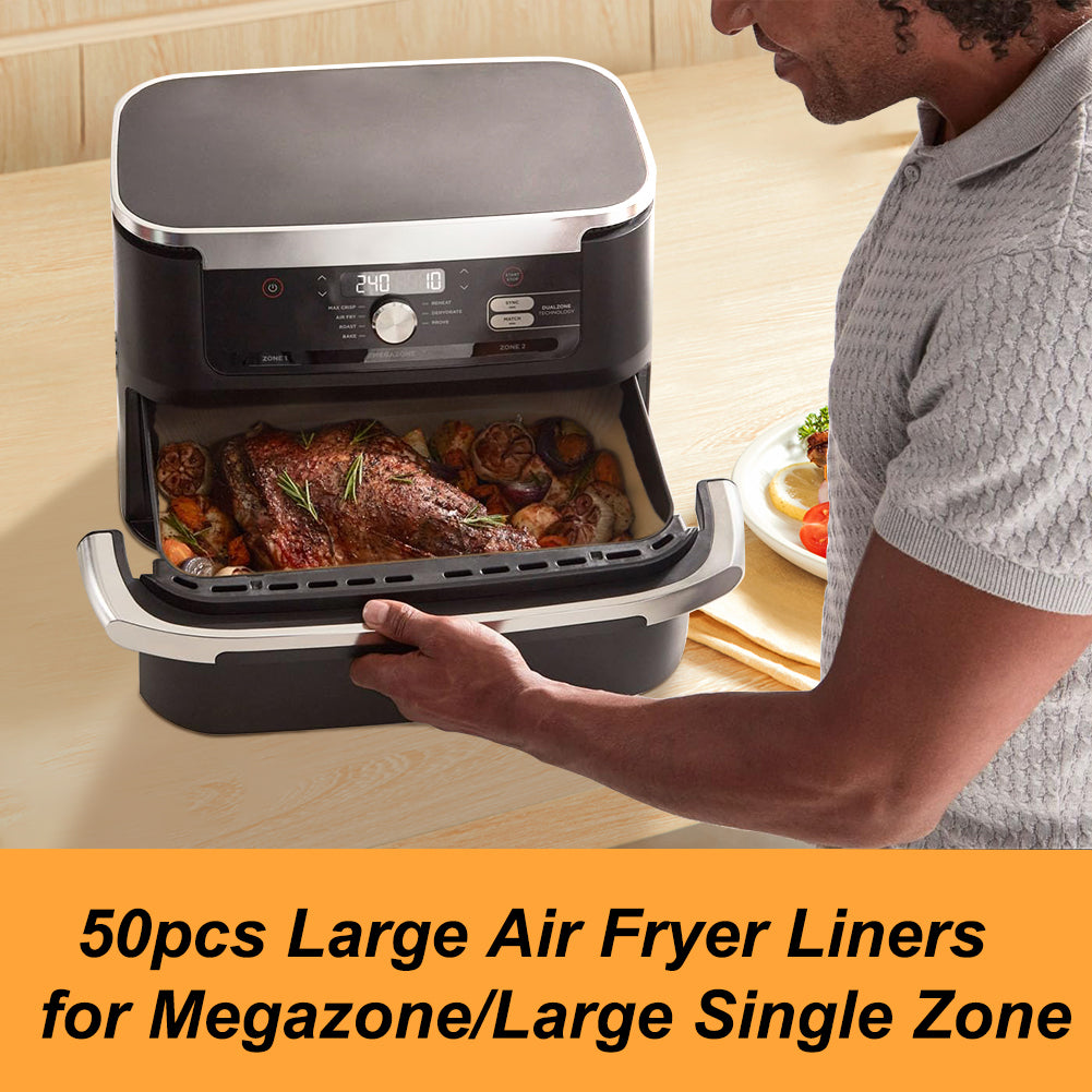 BYKITCHEN Air Fryer Liners Compatible with Ninja Foodi DZ071 7-QT/ 11-QT/Topzee 11-QT/Instant 9 QT DualZone FlexBasket Air Fryer, 100pcs Small Airfryer Dual Liners & 50pcs Large Papers for Megazone