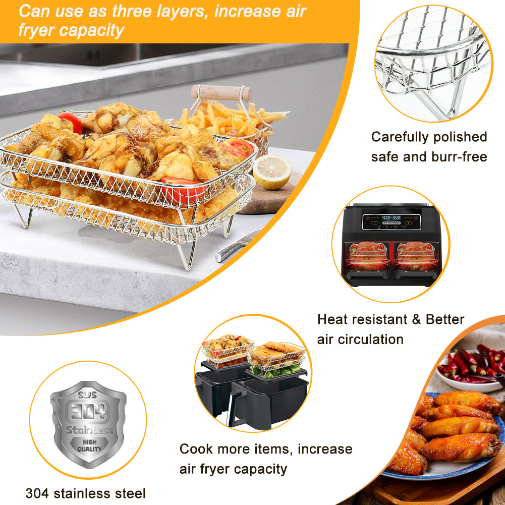 BYKITCHEN Large 4 Layers Air Fryer Racks, 304 Stainless Steel Rack with Clip, Air Fryer Accessories for Ninja Dual AF400UK/AF451UK 9.5L/Tower/Instant Vortex/EMtronics Double Drawer Fryers