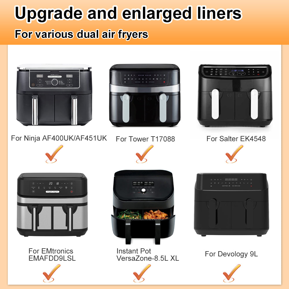 BYKITCHEN Air Fryer Silicone Liner for Ninja Dual AF400UK/AF451UK/TOWER T17088/Instant Vortex 8.5L, 2PCS Large Thicken Air Fryer Accessories for Salter/Devology Double Basket 9L/9.5L Air Fryer