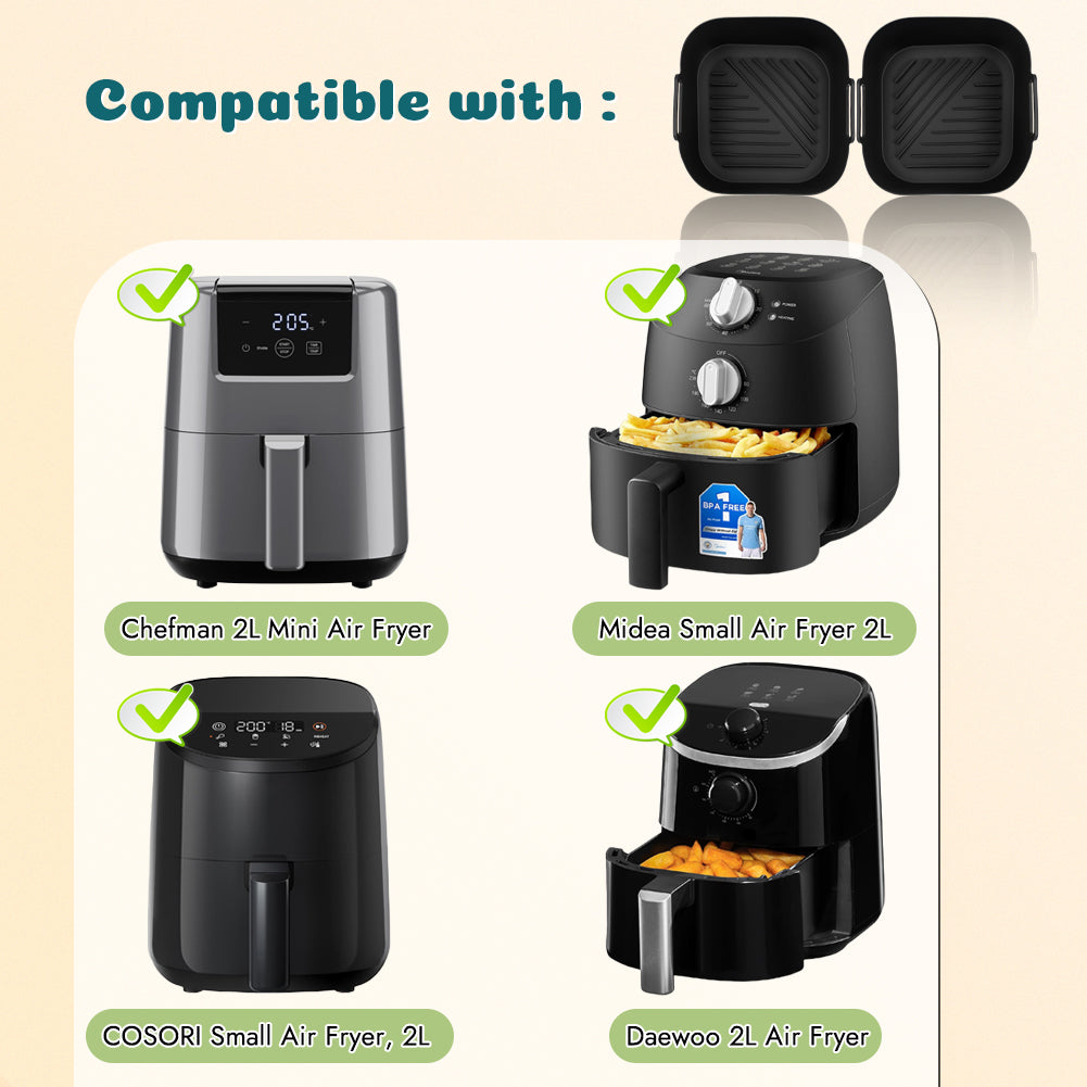 BYKITCHEN 2PCS Air Fryer Liners Silicone for Chefman/Midea/Cosori Small/Mini 2L Square Airfryer, 5.5 Inch Silicone Liners/Trays for Air Fryer, Also Compatible with Daewoo & Other Single Fryers
