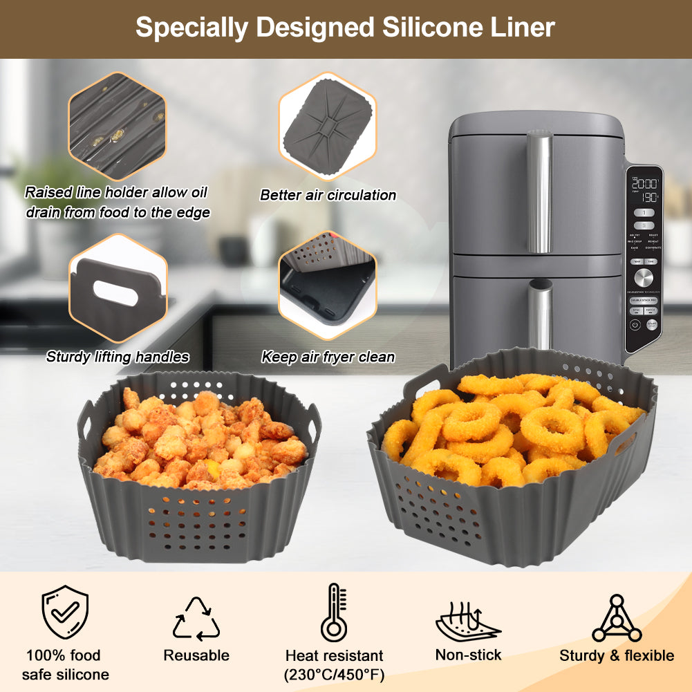 BYKITCHEN Air Fryer Silicone Liner for Ninja Double Stack XL 9.5L SL400UK, Perforated Air Fryer Liners Reusable, Air Fryer Accessories for Ninja Double Stack Vertical Dual Drawer Airfryer (2 PCS)