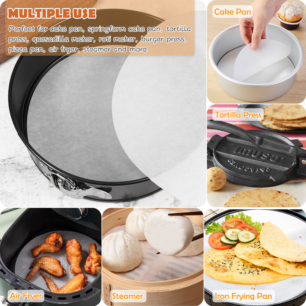 8 Inch Parchment Paper Rounds, Set of 100, Non Stick Baking Parchment Circles, Round Parchment Paper for Round Cake Pan, Springform Pan, Tortilla Press and so on