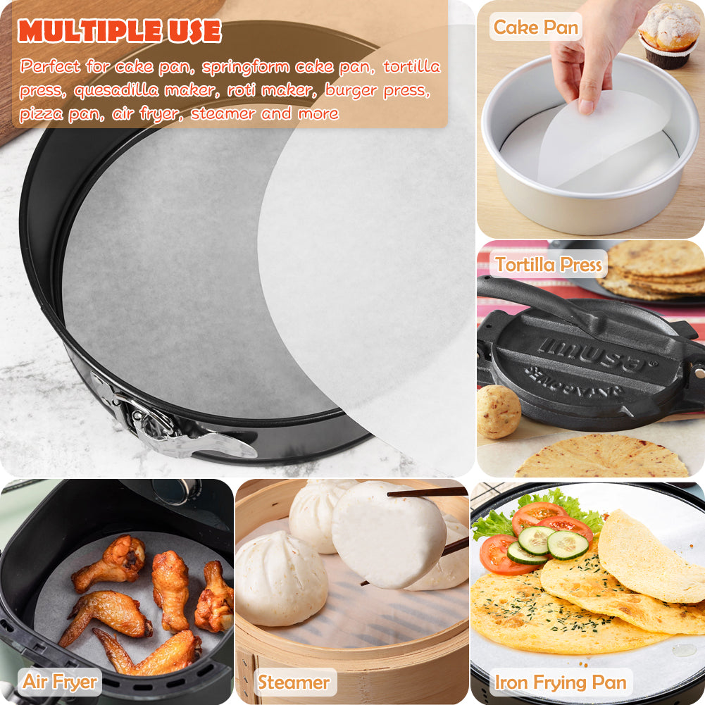9 Inch Round Parchment Paper, Set of 200, Non Stick Baking Parchment Rounds/Round Baking Paper for Springform Pan, Tortilla Press, Air Fryer and More(4.5/5.5/6/7/8/10/12in Available)