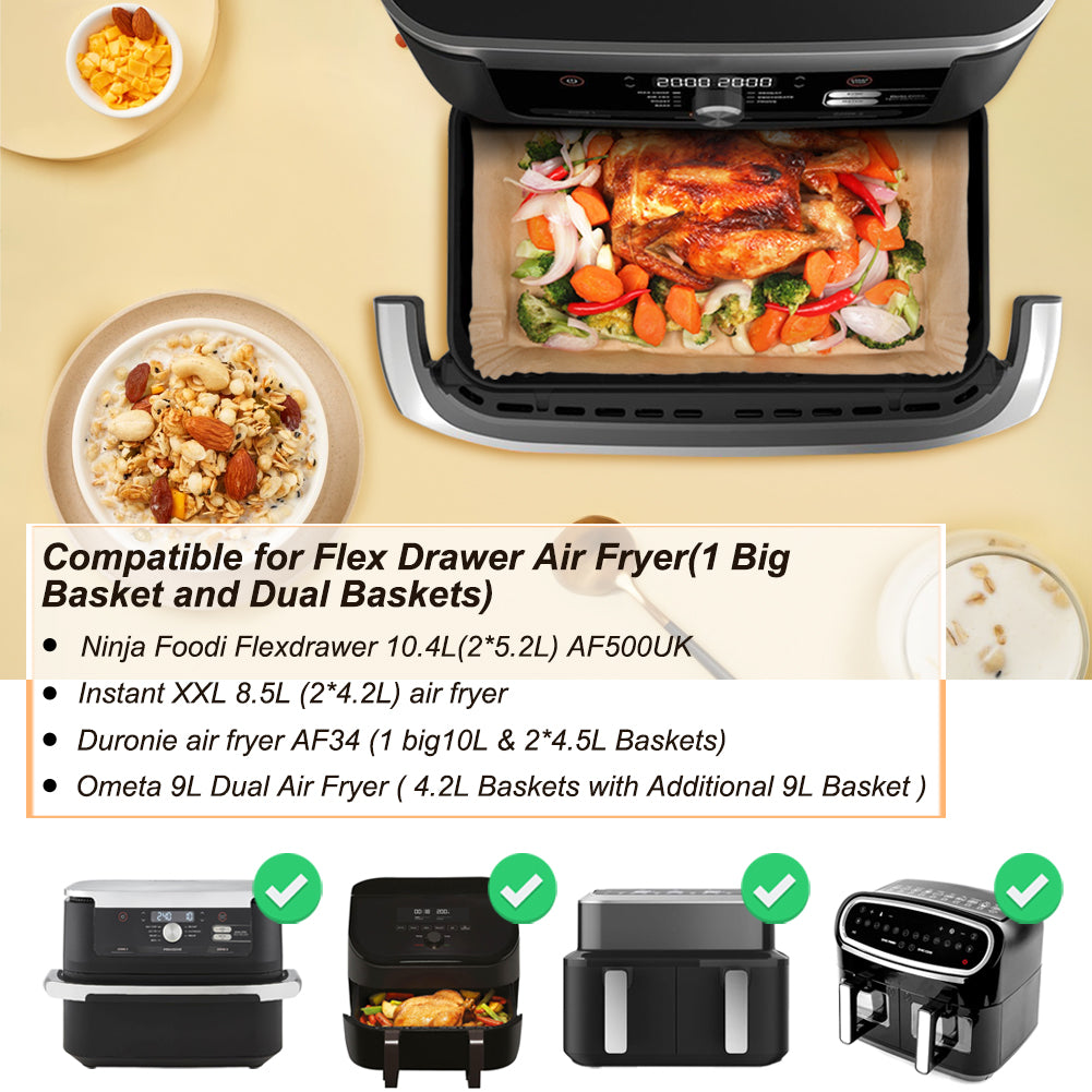 BYKITCHEN Air Fryer Liners for Ninja Foodi Flex Drawer Air Fryer AF500UK 10.4L, 150Pcs Air Fryer Accessories, Large Air Fryer Parchment Paper Liners, Also Compatible for Duronic 10L & Instant 8.5L