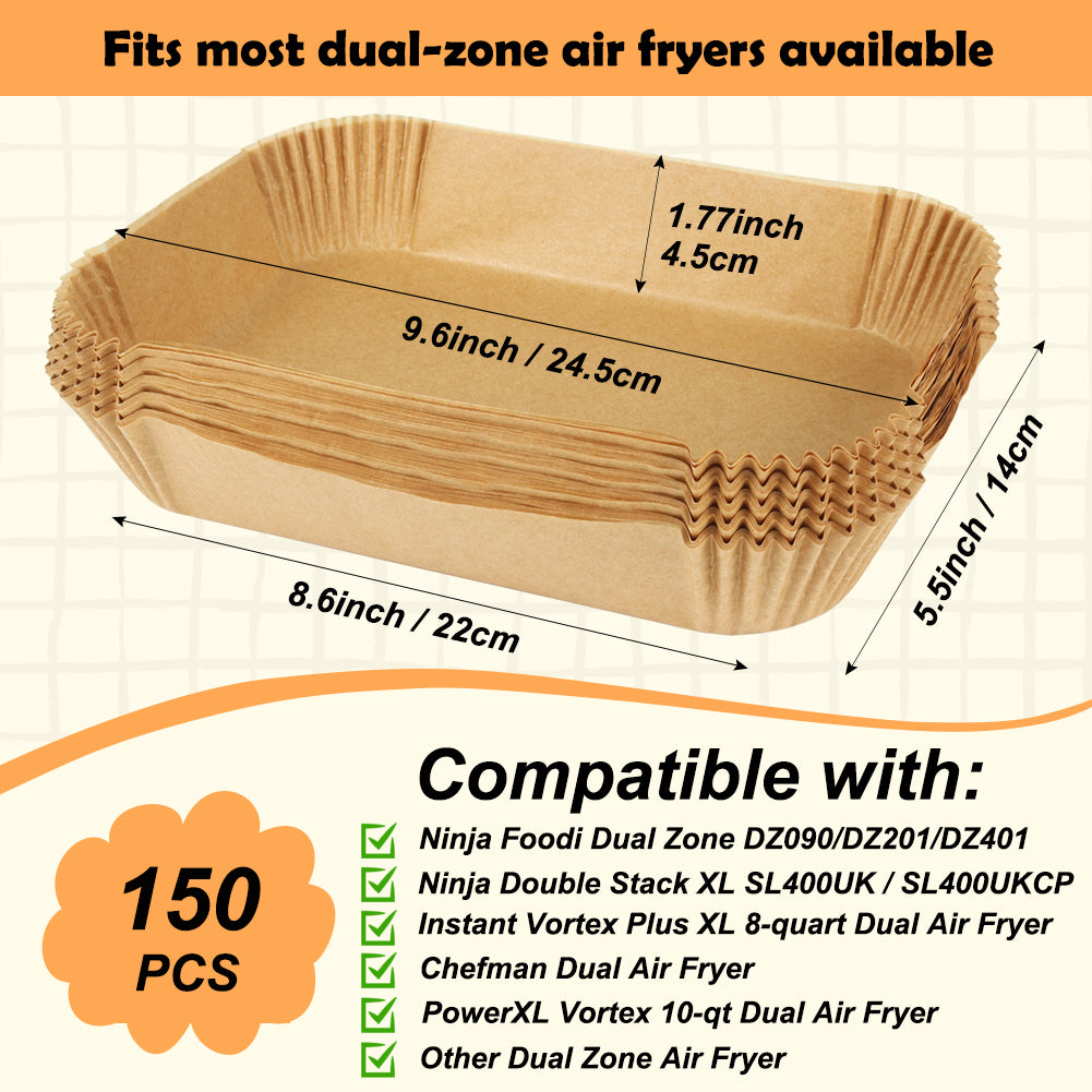 BYKITCHEN 150 PCS Air Fryer Liners for Ninja Dual, Air Fryer Accessories for AF300UK/AF400UK, Rectangle Parchment Paper for Ninja Foodi,Tower, Salter and Other 7.6L to 9.5L Dual Zone Air Fryer