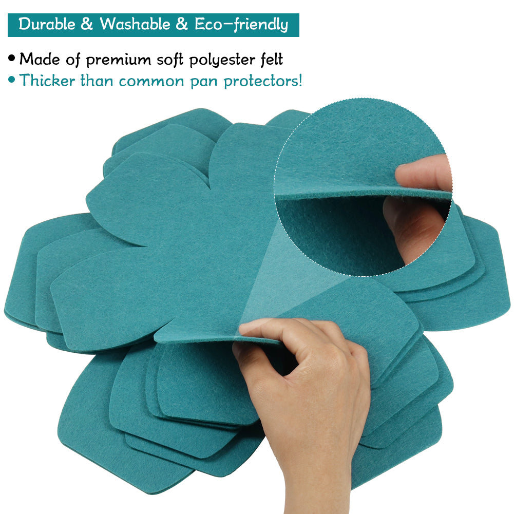 BYKITCHEN Pot and Pan Protectors, Set of 12 and 3 Different Sizes, Larger & Thicker Felt Pan Protector Pads, Cyan Pot Separators Protectors for Stacking and Protecting Your Cookware