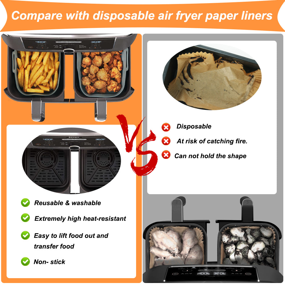 BYKITCHEN 2pcs Air Fryer Silicone Liner for Ninja Dual, Air Fryer Accessories for Tower/MOONCOOK/Salter/Ninja AF300UK Double Air Fryer, Reusable Silicone Liners/Pot for Air Fryer Baskets