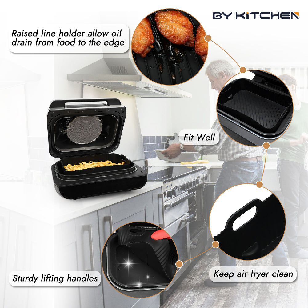 BYKITCHEN Reusable Air Fryer Silicone Liners for Ninja FG551/DG551/IG651 Foodi Smart XL Indoor Grill, Rectangle Silicone Air Fryer Liners, Ninja Foodi Grill Accessories