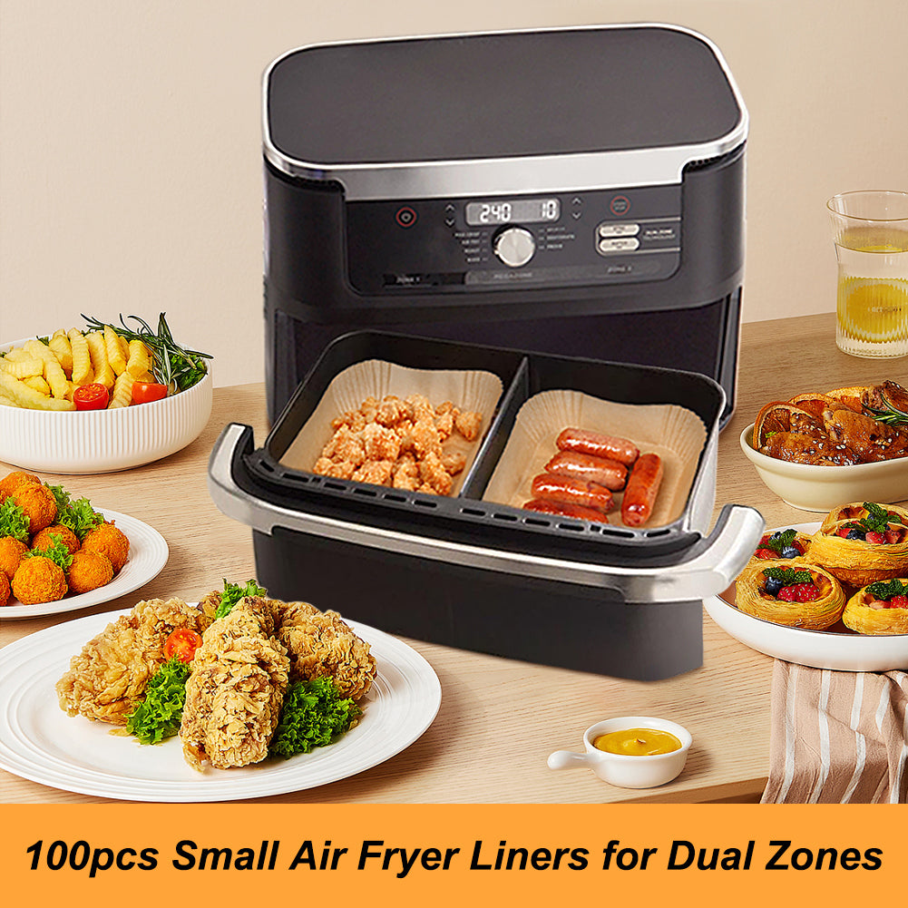 BYKITCHEN Air Fryer Liners Compatible with Ninja Foodi DZ071 7-QT/ 11-QT/Topzee 11-QT/Instant 9 QT DualZone FlexBasket Air Fryer, 100pcs Small Airfryer Dual Liners & 50pcs Large Papers for Megazone