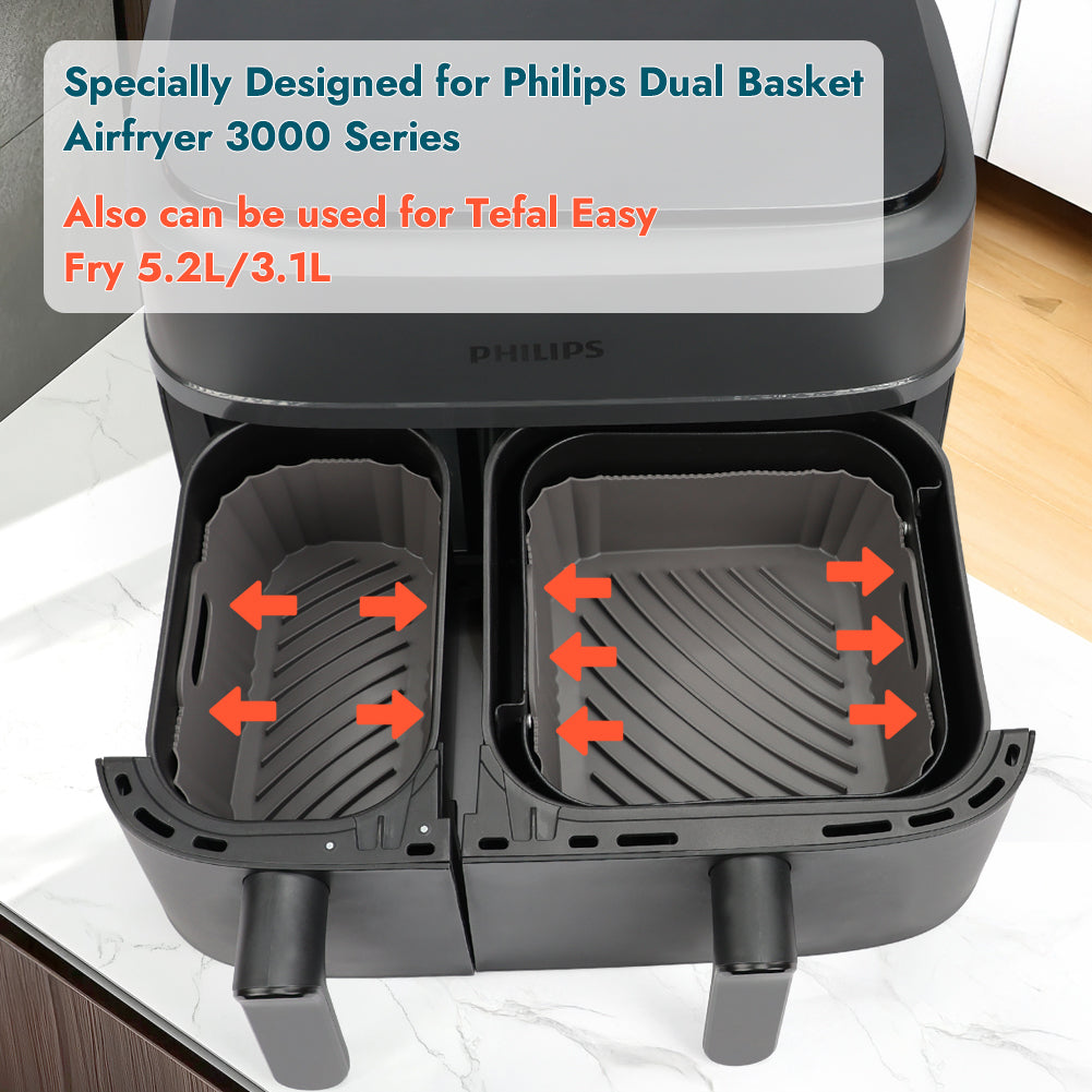 BYKITCHEN Silicone Air Fryer Liners for Phillips, 2PCS Air Fryer Accessories for Philips Dual Basket 3000 Series 9L (3L & 6L) / Tefal/Cookwise 2 Drawer Airfryer