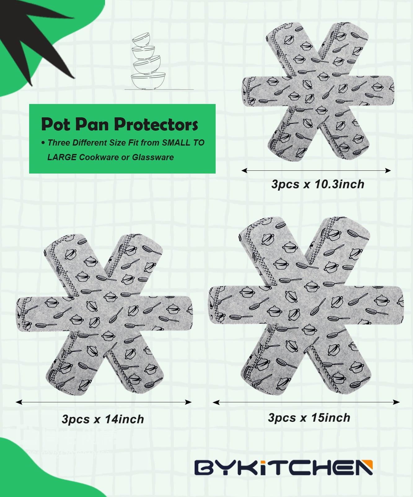 BYKITCHEN Pot and Pan Protectors for Stacking, Set of 9 & 3 Sizes, Felt Pan Separators Dividers Pads for Space Saving, Pot Protectors for Stacking and Protecting Your Cookware