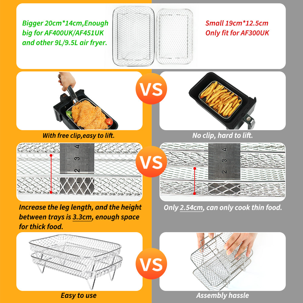 BYKITCHEN Large 4 Layers Air Fryer Racks, 304 Stainless Steel Rack with Clip, Air Fryer Accessories for Ninja Dual AF400UK/AF451UK 9.5L/Tower/Instant Vortex/EMtronics Double Drawer Fryers
